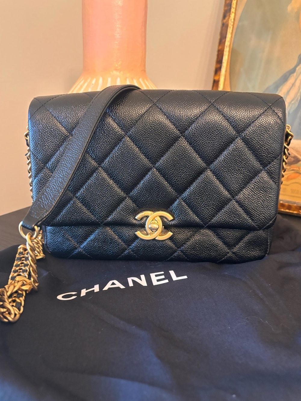 Authentic Black Caviar Chanel Melody Small Classic Flap Bag